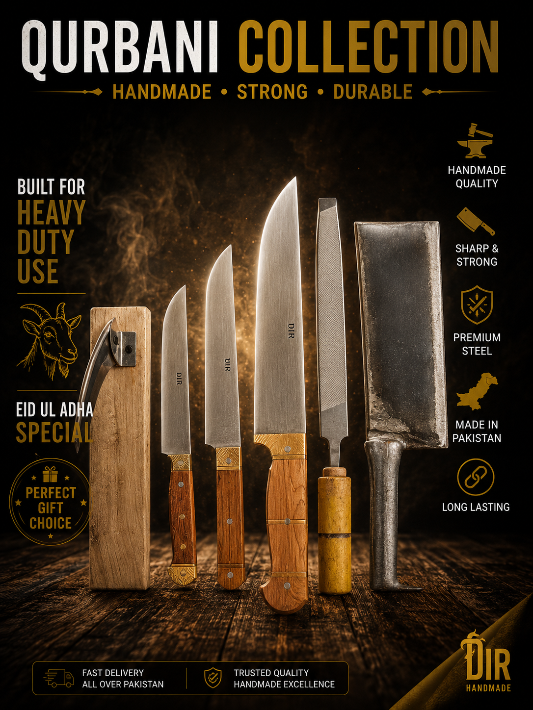 Dir Pure Qurbani Knife Set – Handmade Butcher Cleaver & Sharp Meat Cutting Knives | Eid ul Adha Special