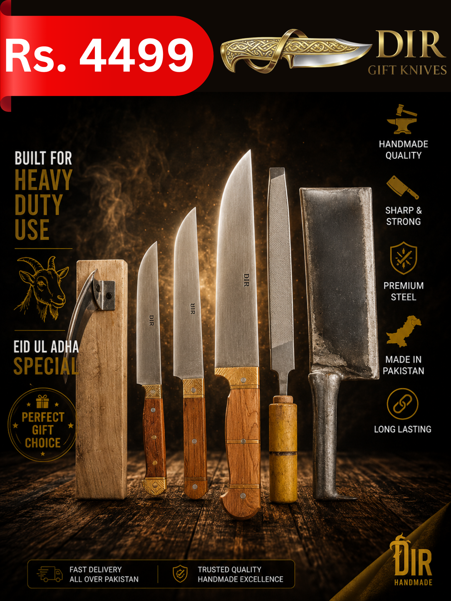 Dir Pure Qurbani Knife Set – Handmade Butcher Cleaver &amp; Sharp Meat Cutting Knives | Eid ul Adha Special